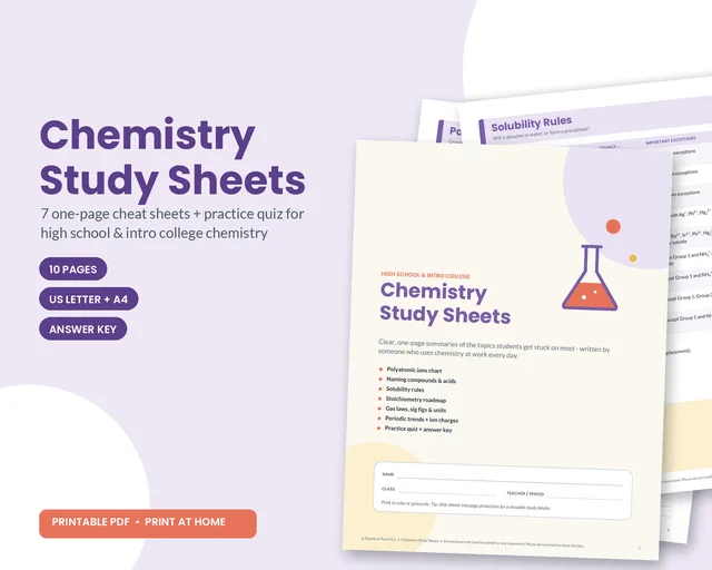 Chemistry Study Sheets printable mockup